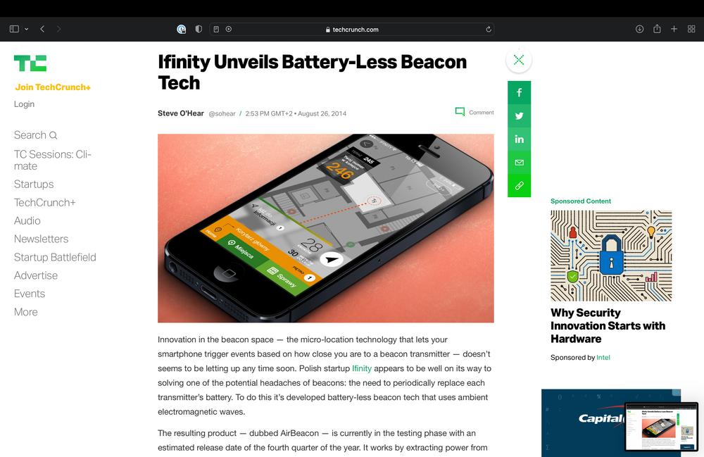 TechCrunch: Ifinity Unveils Battery-Less Beacon Tech