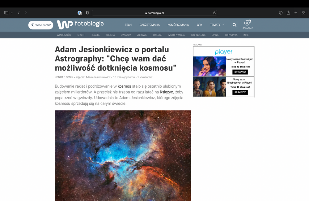 WirtualnaPolska: Adam Jesionkiewicz o portalu Astrography: "Chcę wam dać możliwość dotknięcia kosmosu"