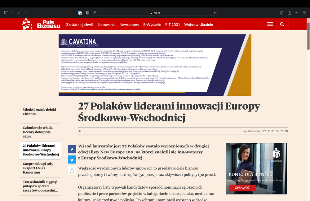 Puls Biznesu: 27 Polaków liderami innowacji Europy Środkowo-Wschodniej